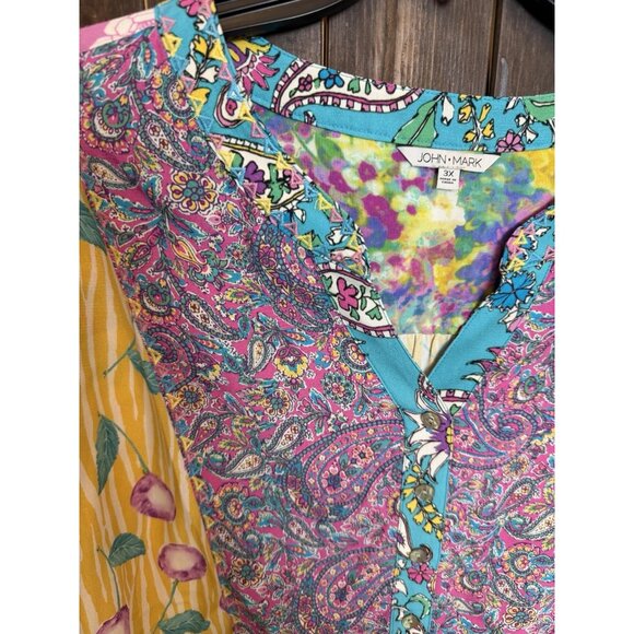 John Mark Womens 3X Cherries Paisley Patchwork Yellow Teal Tunic NWT - Picture 5 of 12